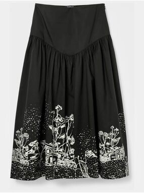Desigual Black Botanical Border Print Midi Skirt Size S